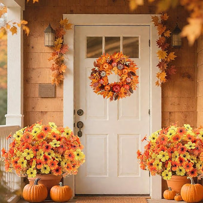 20 Bundles Artificial Fake Mums Flowers for Outdoor Faux Silk Orange Yellow Daisy Realistic UV Resistant No Fade Fake Plants Flowers for Planter Porch Patio Indoor Thanksgiving Decor