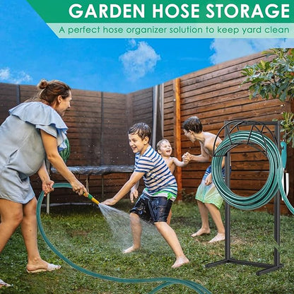 TomCare Garden Hose Holder 4 Spikes Garden Hose Reel Hose Stand Upgraded Water Hose Storage with Tool Hooks Garden Hose Hanger Organizer Holds 160ft Hoses for Outside Yard Lawn, Black
