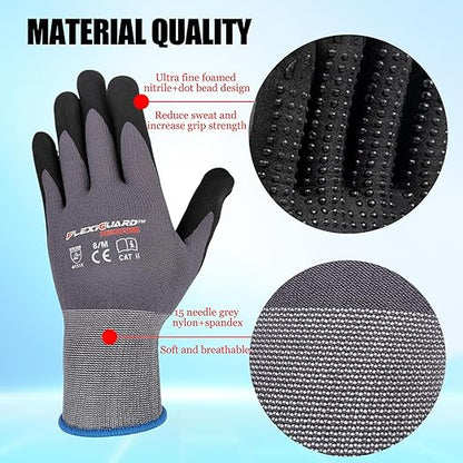 Gasoline Safety Work Gloves Extra Micro-Foam Nitrile Coated-12 Pairs,Endurance Seamless Knit Nylon Spandex,Dots on Palm, Dot Grip Gloves，Work Gloves Men and Women (120, XL)