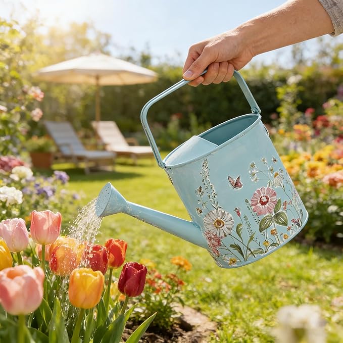 Metal Watering Can Flower Pot with Handle Rustic Farmhouse Water Can for Indoor Outdoor Garden Plants Watering (Blue#2)