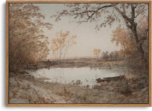 ZZLWBKGL Vintage Landscape Framed Wall Art Nature Forest Lake Canvas Wall Art Classic Country Pictures Wall Decor Farmhouse Rustic Art Prints for Living Room Study Bedroom
