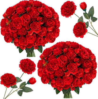 36 Bundles Artificial Flowers Peonies Roses Fake Bouquet for Wedding Bridal Shower Valentine's Day Decorations Fake Floral Arrangements Table Centerpieces Home Decor(Red)