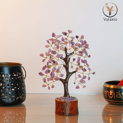 Amethyst Crystal Tree – 7-8 Inch Gemstone Tree with Golden Wire & Wooden Base – Spiritual Gift, Gifts for Her, Healing Crystals Decor, Birthday Gift for Women
