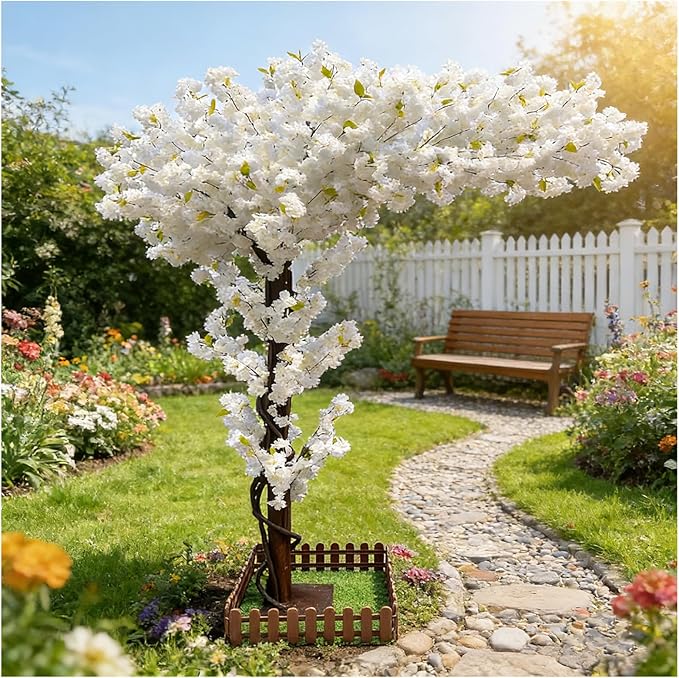 Artificial Cherry Blossom Tree 8.2Ft, White Silk Flowers with Solid Wood Trunk for Home & Garden Decor