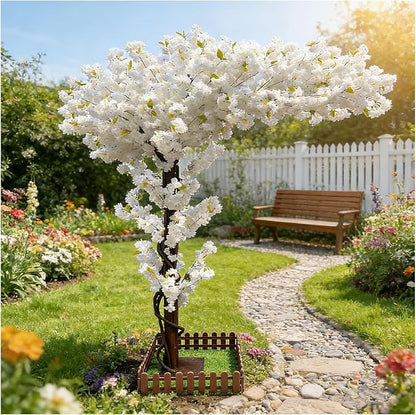 Artificial Cherry Blossom Tree 8.2Ft, White Silk Flowers with Solid Wood Trunk for Home & Garden Decor