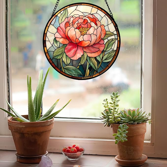 Stained Glass Window Hanging - Pink Peony Floral Suncatcher for Door Garden Yard Birth Flower Sun Catchers Decor Christmas Mother's Day Birthday Gifts for Women Mom Nana Wife Teacher 6.3 in