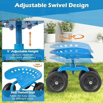 Garden Cart with Seat, Heavy-Duty Rolling Outdoor Wagon Scooter w/Height Adjustable & 360° Swivel Seat, Gardening Work Seat Stool, Patio Scooter on Wheels for Lawn Yard Planting (Blue)