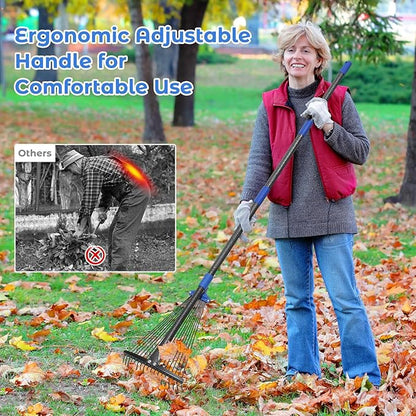 Adjustable Garden Rake for Leaves-Heavy Duty Metal Rake with 8-17" Expandable Head,Long Handle Lawn & Yard for Grass, Shrubs,Flower Beds,Camping,Outdoor Cleaning, Women & Kids