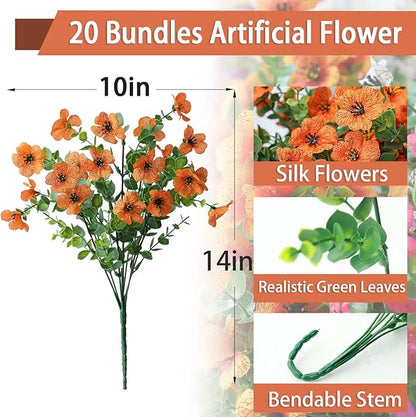 mizii Artificial Flowers for Outdoors 20 Bundles Realistic Faux Silk Flower UV Resistant Fake Plants Outside Decorations for Patio Garden Balcony Yard Porch Summer Indoor Home Decor (Orange)
