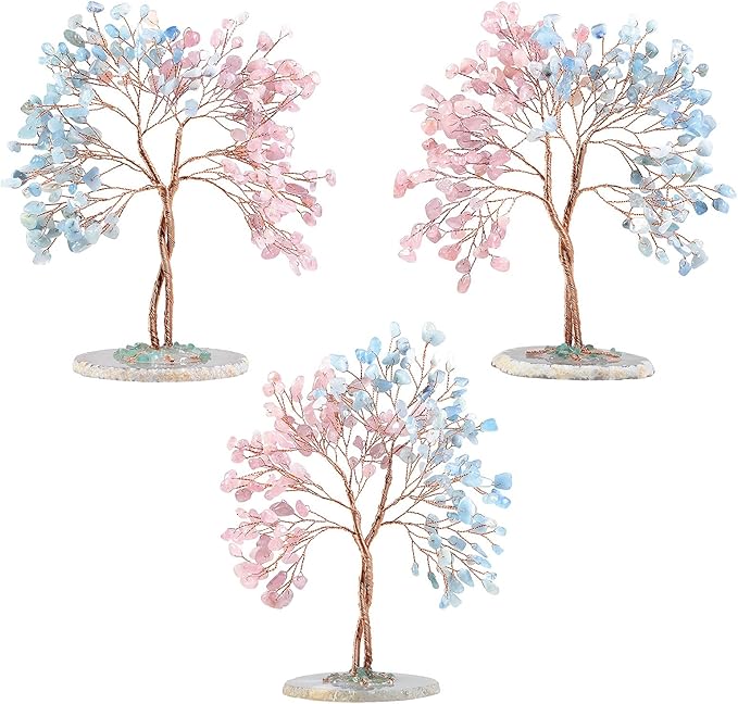 mookaitedecor Handmade Rose Quartz & Aquamarine Crystal Tree with Agate Slice Base, Bonsai Money Tree of Life for Wealth and Luck, Feng Shui Home Decor, Pink & Blue