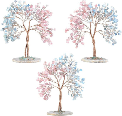 mookaitedecor Handmade Rose Quartz & Aquamarine Crystal Tree with Agate Slice Base, Bonsai Money Tree of Life for Wealth and Luck, Feng Shui Home Decor, Pink & Blue