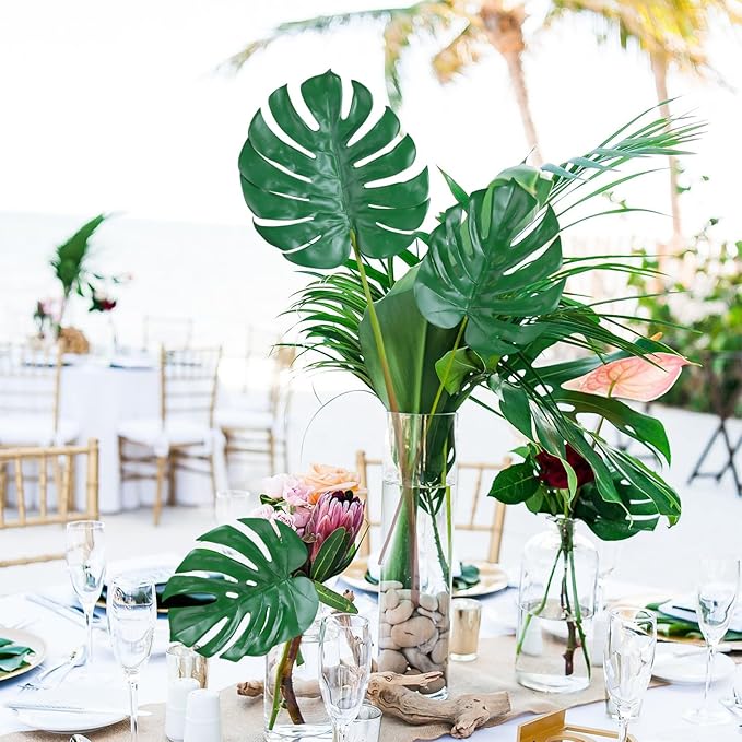 Artificial Monstera Leaves with Long Stem,Fake Tropical Palm Leaves for Hawaiian Luau Jungle Party Home Wedding Decor (6pcs Medium)