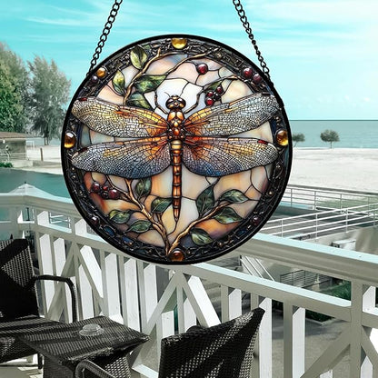 Stained Glass Window Hanging - Dragonfly Plant Suncatcher Ready to Hang Window Doors Home Decoration, Christmas, Mother's Day Birthday Gifts for Women, Men, and Mom 14.9x14.9 in