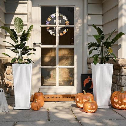 Square Tall Planters for Outdoor Plants Set of 2-23.6" Modern Tapered Indoor Flower Pots with Drainage Holes/Partition/Tray, Large Outdoor Planters for Porch Patio Garden Front Porch, White