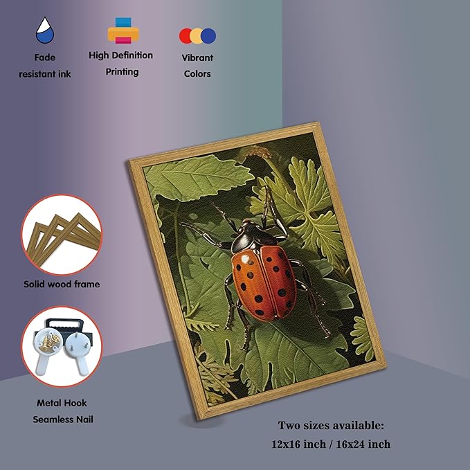 SAMHOU Framed Vintage Beetle Wall Art, 3D Textured Hand Drawn Sandstone Drawn Bug Artwork, Nature Botanical Wall Decor Painting, Rustic Woodland Cottagecore Oil Paintings 16''x24''
