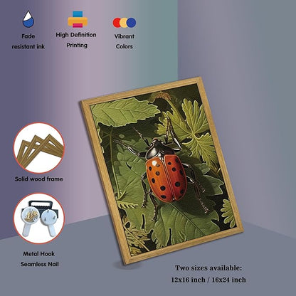 SAMHOU Framed Vintage Beetle Wall Art, 3D Textured Hand Drawn Sandstone Drawn Bug Artwork, Nature Botanical Wall Decor Painting, Rustic Woodland Cottagecore Oil Paintings 16''x24''