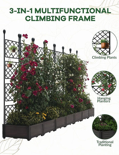 7 PCS Raised Garden Bed with Trellis, 116 in W x 63"Tall Plastic Planter Box for Climbing Plants, Outdoor Vertical Garden with Privacy Screen for Patio, Balcony, Backyard – Sturdy & Lightweight