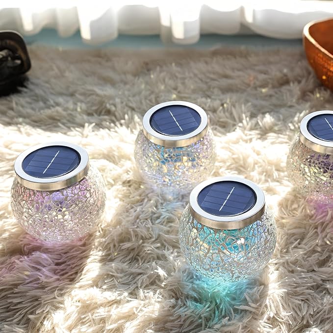 Cooo 2 Pack Heavy Solar Mosaic Crackle Glass Lights with Dual Solar Panels, Color-Changing RGB Lantern, Exclusive Dazzling Glass, Waterproof Outdoor Table Lamps Garden Lamp Christmas Decorations