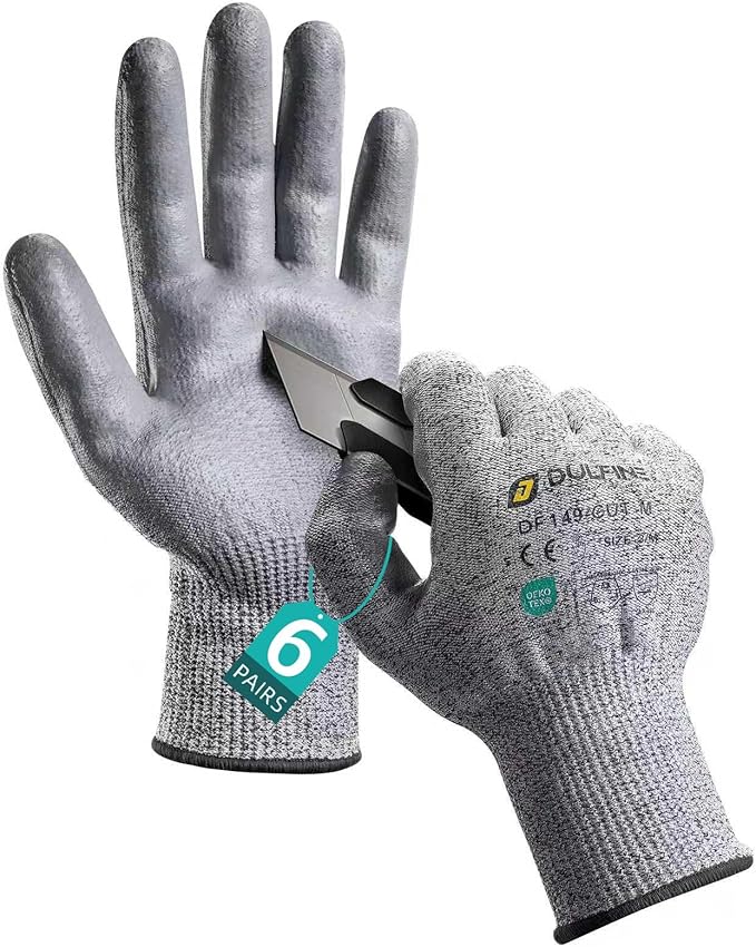 DULFINE ANSI A3 Cut Resistant Work Gloves for Men, 6 Pairs Pack PU Coated,Ideal for Wood working, Glass Cutting, Construction, Cargo Handling, Car Repair(Small)