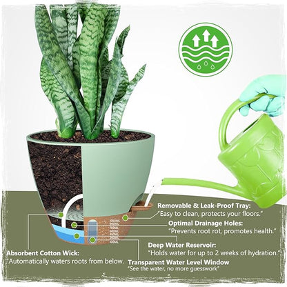 Self-Watering Pots for Indoor Plants 4 Pack, 6/8/10/12 Inch Outdoor Planters with Water Level Indicator&Deep Reservoir, Decorative Flower Pots for Indoor Plants,Home Decor (Green, 12+10+8+6 inch)