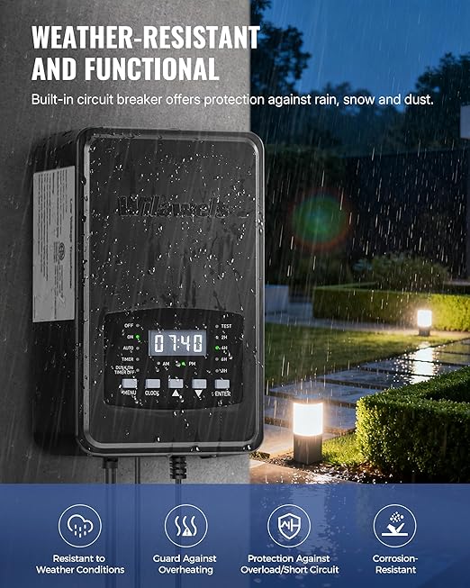 600W Low Voltage Landscape Transformer, Weatherproof Outdoor Low Voltage Transformer, 120V AC to 12/14V AC, Landscape Lighting Transformer with Timer and Photocell Sensor, ETL Listed D15LT06