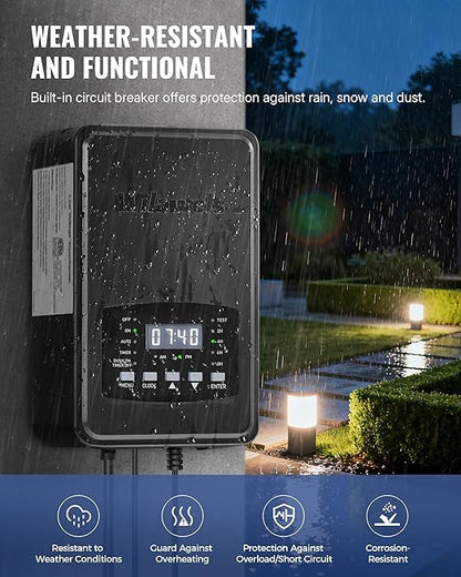 600W Low Voltage Landscape Transformer, Weatherproof Outdoor Low Voltage Transformer, 120V AC to 12/14V AC, Landscape Lighting Transformer with Timer and Photocell Sensor, ETL Listed D15LT06