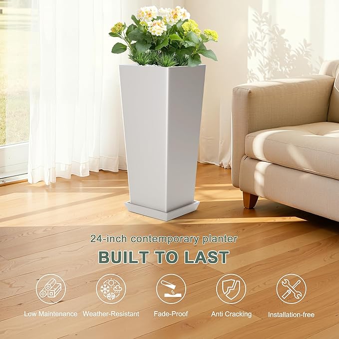 Set of 2 Tall Planters for Outdoor Plants with Drainage Tray, 24" Large Flower Pots for Front Porch Decor, Patio, Garden (White 24")