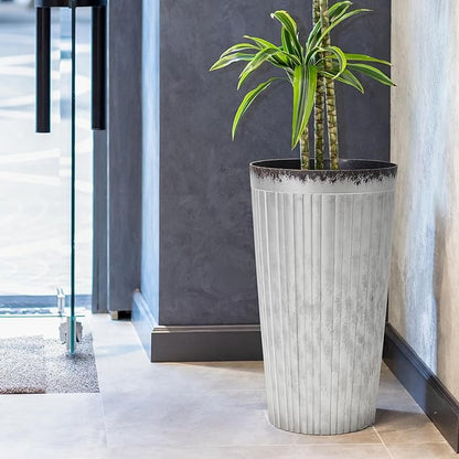 Worth Garden 22.5" H. Plastic Planters - Set of 2 Silver Color Tall Conical Plant Pots for Indoor Outdoor Use - Decorative Lightweight Flower Pots for Front Porch, Patio, Deck - 12.5" Dia x 22.5" H
