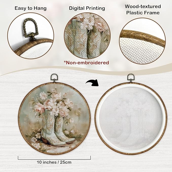 TLESKE Western Cowgirl Floral Round Wall Art Decor Framed 10x10, Preppy Cowgirl Boot Canvas Wall Art Prints Artwork, Flower Cowboy Hanging Wall Picture Room Door Decor for Bedroom Living Room