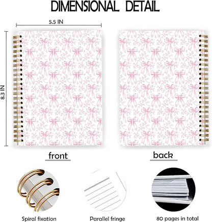 Coquette Pink Bow Spiral Notebook, Chinoiserie Floral Notebooks for Note Taking, Trendy Preppy Journal for Writing, Girly Aesthetic Journal Journaling, 5.5x8.3 Inch