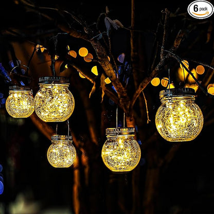 Cooo 6 Pack Crackle Glass Solar Lantern with 30 LED Firefly Lights– Waterproof Outdoor Hanging Lamp 215% Larger Solar Panel, Anti-Rust Lids Decorative Lighting for Garden Patio Christmas Decorations