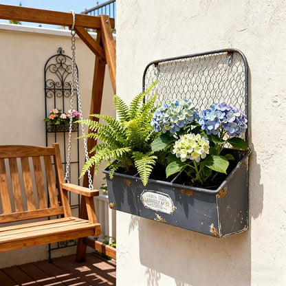 Rustic Metal Wall Mounted Planter Vintage Hanging Flower Pot with 3 Compartments Farmhouse Plants Holder Succulents Tubs for Garden Railing Fence Patio Yard Outdoor Decor