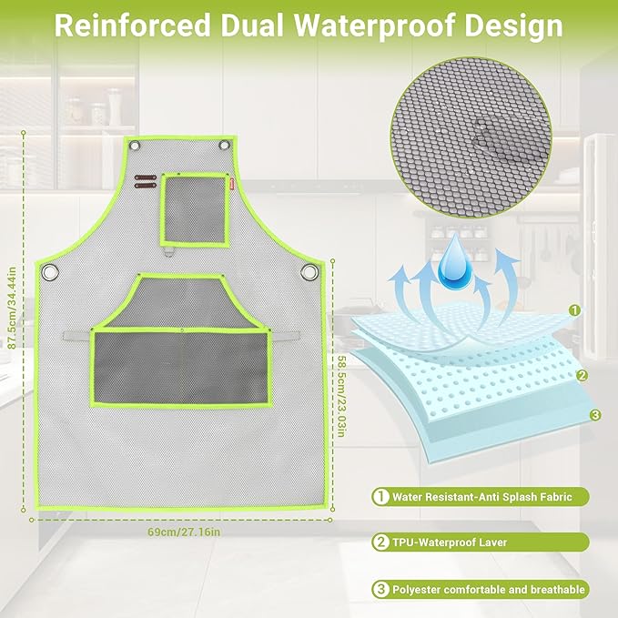 Waterproof Work Apron for Chefs, Hair Stylists, Artists, Gardeners, Adjustable, Multi-Pockets, TPU Mesh Fabric, Plus Size