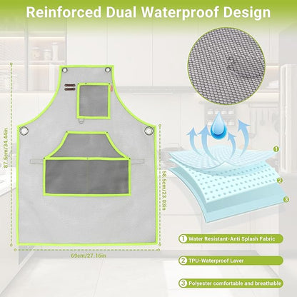 Waterproof Work Apron for Chefs, Hair Stylists, Artists, Gardeners, Adjustable, Multi-Pockets, TPU Mesh Fabric, Plus Size