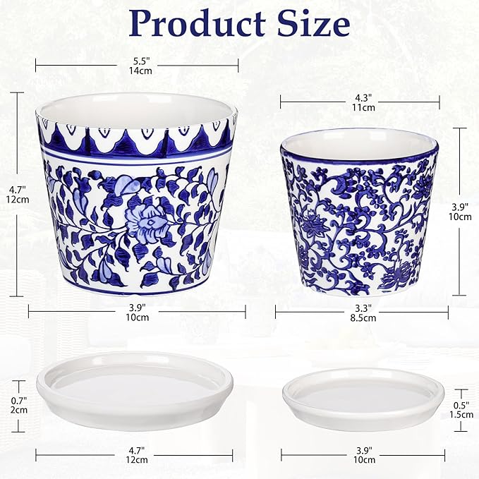 Hollyone 2PCS Blue and White Vase Flower Pot Porcelain Pots Vases Chinoiserie Vase Classic Ceramic Chinese Floral Pot Vases for Bedroom Living Room Console Table Accent Shelf Tabletop Home Decor
