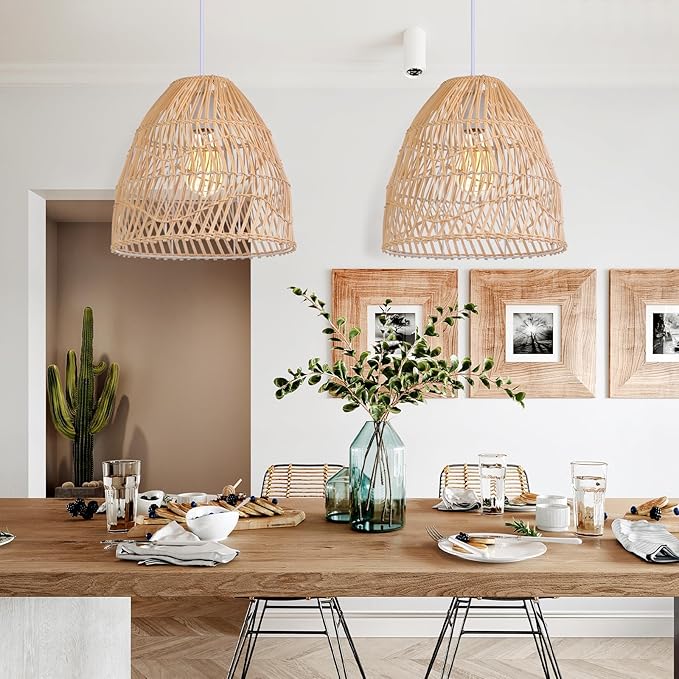 Arturesthome Rattan Pendant Light Fixture,Wicker Chandelier Boho Basket Ceiling Lighting,Natural Woven Hanging Lamp for Kitchen Island11.8 * 11.8"