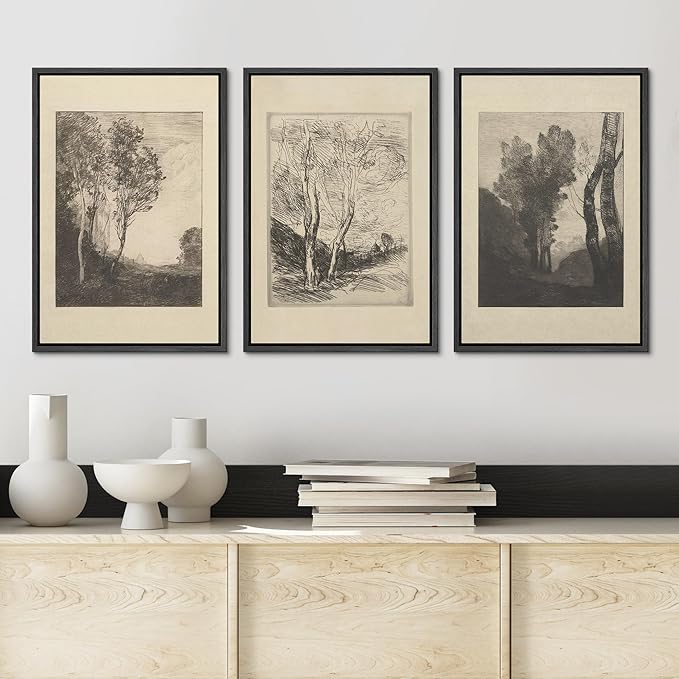 Ashbrook Framed Canvas Print Wall Art Set Fine Art Country Farmhouse Decor Landscapes Duotone Nature Wilderness Illustrations Floral Botanical Calm/Relax/Cozy for Bedroom - 16"x24"x3 BLACK