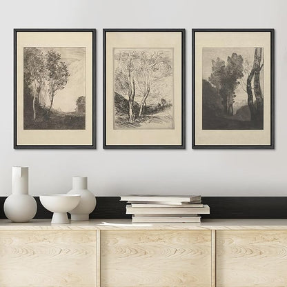 Ashbrook Framed Canvas Print Wall Art Set Fine Art Country Farmhouse Decor Landscapes Duotone Nature Wilderness Illustrations Floral Botanical Calm/Relax/Cozy for Bedroom - 16"x24"x3 BLACK