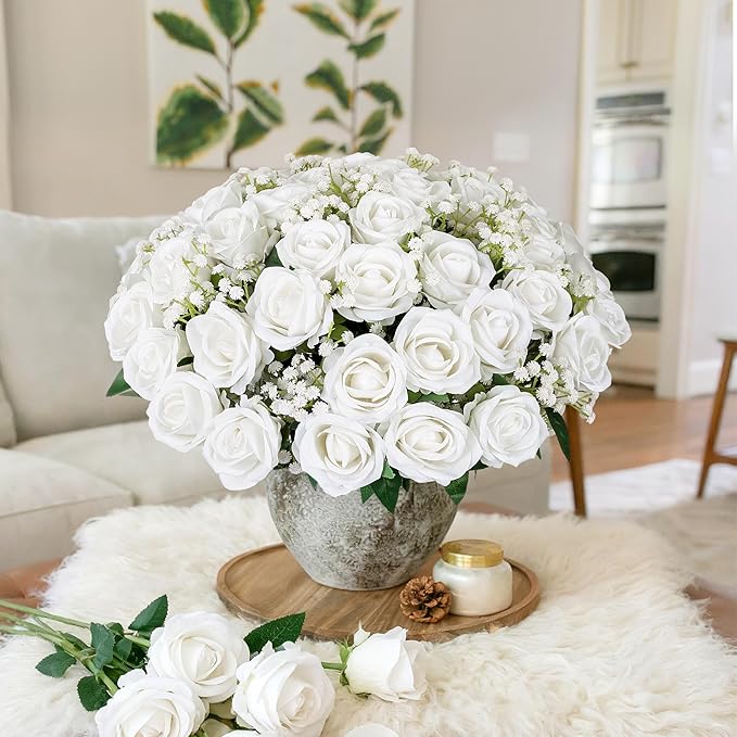 HyeFlora 35 PCS White Roses Artificial Flowers 15 PCS Fake Baby Breath Realistic Fake Flowers Bouquet with Stem for DIY Wedding Party Home Decoration Vase Tables Centerpieces Arrangements Gift for Her
