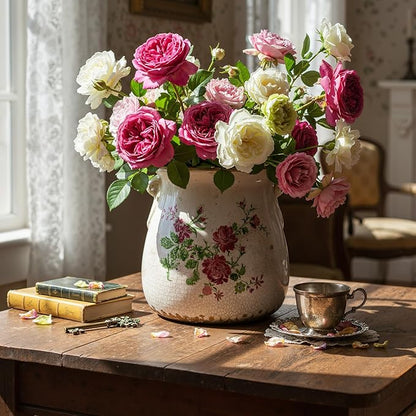 Ceramic Scroll Planter 6.5 Inch Chinoiserie Floral Vase with Drainage Holes Vintage Flower Vase Flower Pot Rustic Ceramic Pots for Indoor Plants Garden Home Bookshelf Decor (Pink Green)