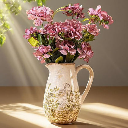 Vintage Green and Beige Ceramic Pitcher Vase with Handle, Farmhouse Floral Decorative Vase, Rustic Table Centerpiece for Home Decor, Living Room, French Country Grand Millennial Decor 8.7 in