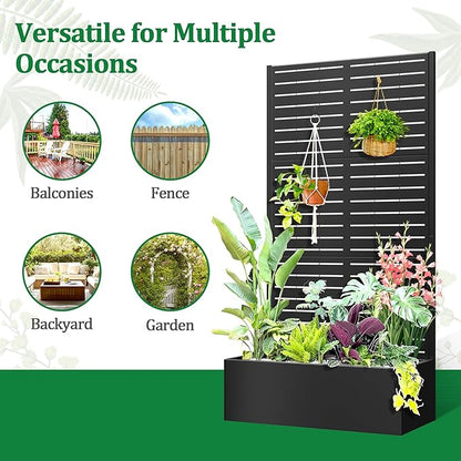 Metal Raised Garden Bed with Trellis, 2 in 1 Trellis with Planter Box & Privacy Screen for Climbing Plants, Vine, Outdoor Standing Flower Beds with Drainage Holes, 35.4" L x 15.7" W x 70.9" H, Black