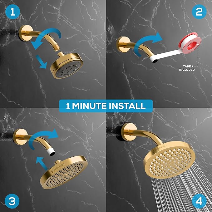 SparkPod Shower Head - High Pressure Rain - Premium Quality Luxury Design - 1-Min Install - Easy Clean Adjustable Replacement for Your Bathroom Shower Heads (Egyptian Gold, 6 Inch Round)