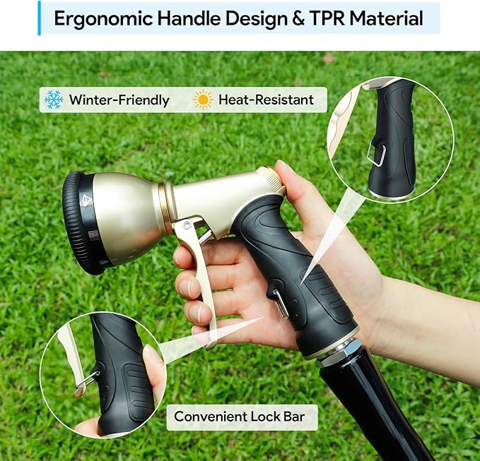 Heavy Duty Hose Nozzle, 9-IN-1 Spray Patterns, Spray Nozzles for Garden Hose with Metal Trigger & Lock Bar, 3/4" Thread & Connection Adapter, Suit for Watering Plants, Lawn, Car, Outdoor Pet