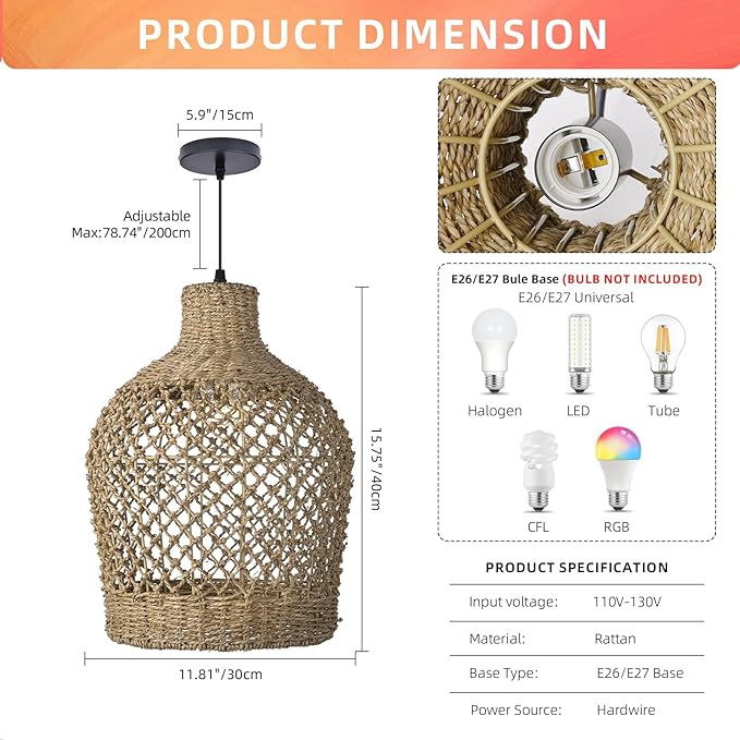 Arturesthome Rattan Pendant Light Woven Chandelier Handwoven Boho Coastal Pendant Lighting Rattan Basket Ceiling Hanging Light for Dining Room Living Room D 11.8″* 15.7″