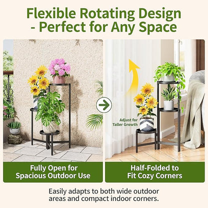 3 Tier Large Plant Stand Indoor with 7.9 Inch Wide Tray, Tiered Corner Metal Outdoor Flower Holder Stand, Folding Tall Rack for Display Shelf for Patio Porch Balcony - BlackDisk