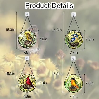 Stained Glass Window Hanging 4 Pcs Set Bird Theme On Branch 7.8" - Cardinal Suncatcher Door Garden Sun Catcher Decor Birthday Christmas for Mom Woman Nana Men