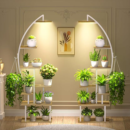 Plant Stand Indoor with Grow Lights, 7 Tiered Metal Plant Stand for Indoor Plants Multiple, Large Plant Shelf Display Rack, Half-Moon-Shaped Tall Plant Holder for Living Room, Patio (White)