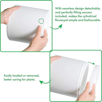 D'vine Dev 6.5 Inch 8 Inch 10 Inch, Set of 3 Plastic Planter Pots for Plants with Drainage Hole and Seamless Saucers, White Color, Large, 74-V-A-4