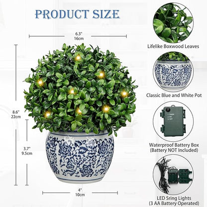 DILATATA Artificial Topiary Boxwood Ball in Blue and White Ceramic Pot, Lighted Artificial Boxwood in Planters 9 Inch Decorative Fake Greenery for Table Centerpiece Indoor Plant Home Decor - Small